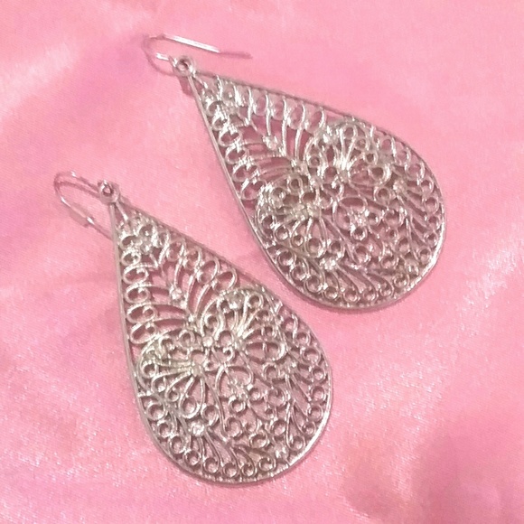 Vtge Rhinestone Accented Silver Filigree Earrings - Picture 5 of 6
